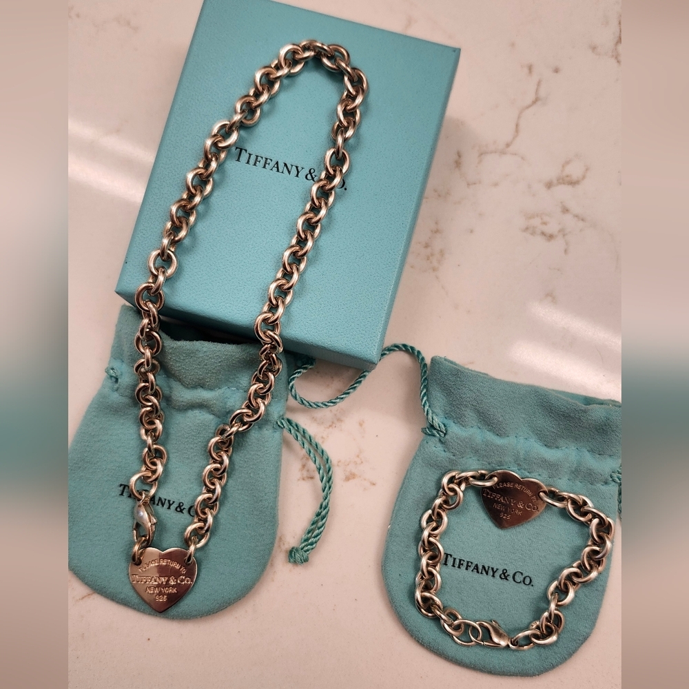 Tiffany & Co Silver Heart Tag Necklace and Bracelet Set